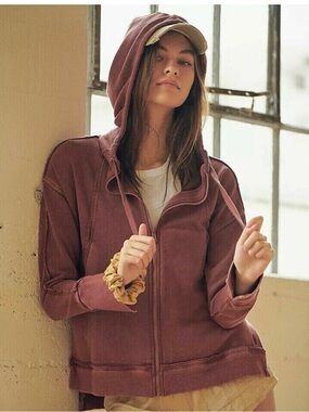 Free People FP movement Brick Red Washed Zip-Up hoodie sweatshirt  oversized S